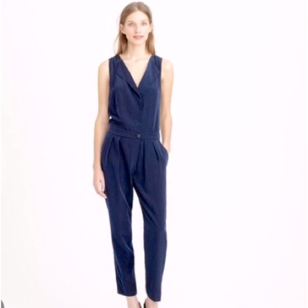 JCrew NWT sleeveless silk trench jump suit in navy silk. SZ 8